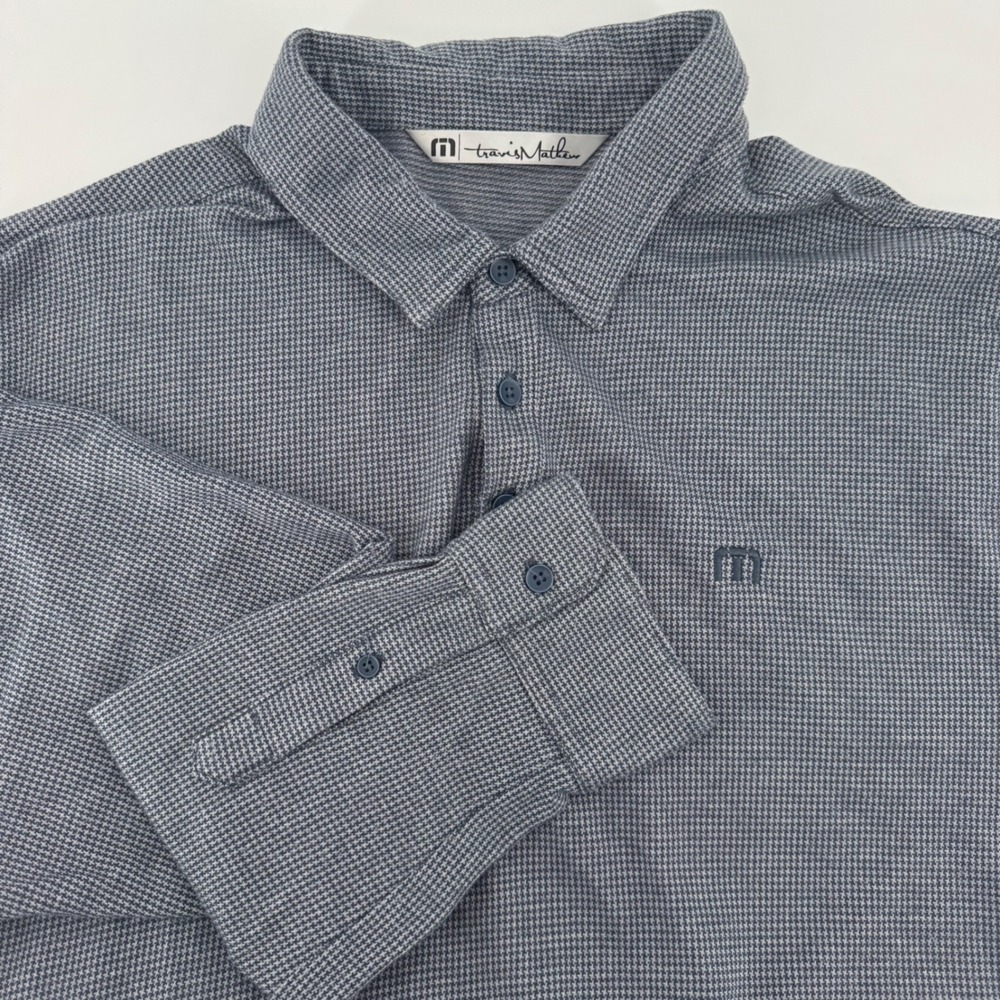 TravisMathew Mens XL Long Sleeve Polo Shirt Blue Grey Houndstooth Golf Casual